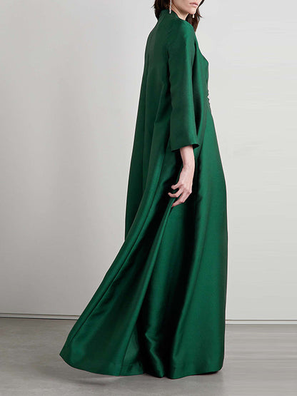 Loose Fit Long Sleeve Embroidered Evening Dress in Solid Color
