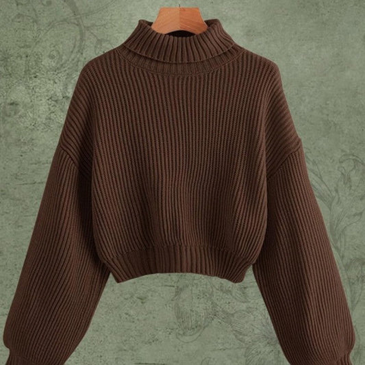 Solid Color Turtleneck Ribbed Lantern Sleeve Sweater