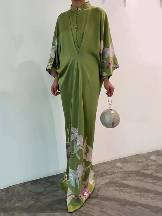 Flowy Batwing Sleeve Maxi Dress with Stand Collar, Floral Print and Colorblock Detail