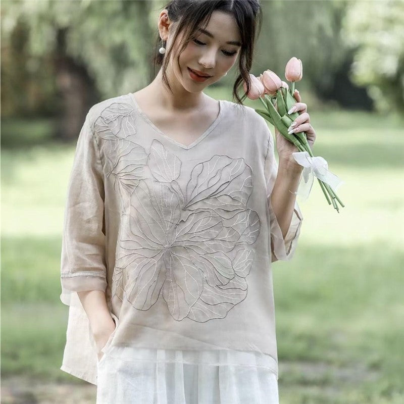 Stylish V-Neck Double Layer Embroidered Loose Blouse