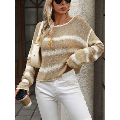 Long Sleeve Crewneck Contrast Color Casual Loose Pullover Sweater