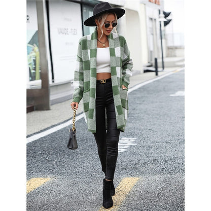 Contrast Color Long Sleeve Plaid Casual Loose Knitted Cardigan