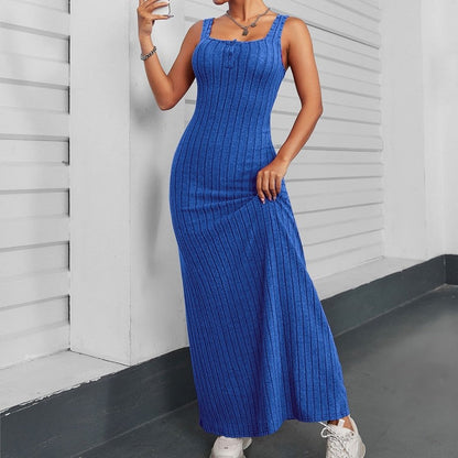 Solid Color Sleeveless Square Neck Long Knitted Dress