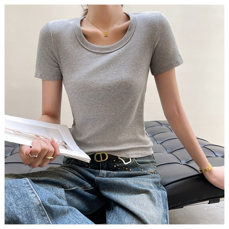 Ribbed Round Neck Short Sleeve T-Shirt