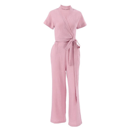Solid Color V-Neck Bandage Top and Pants Set - Short Sleeve Loungewear