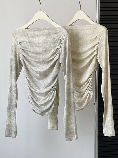 Long Sleeves Skinny Pleated Split-Joint Boat Neck T-Shirts