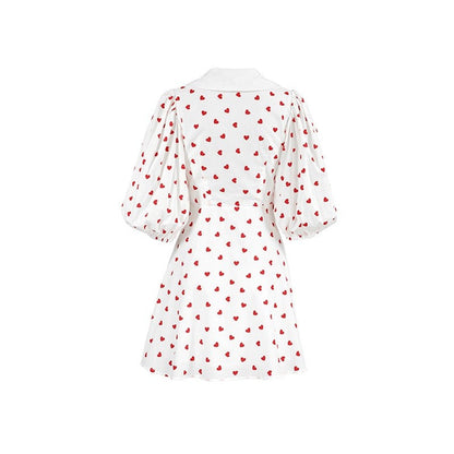 Printed Bubble Sleeve Dress with Cinched Waist, Lapel, and Minimalist Styling