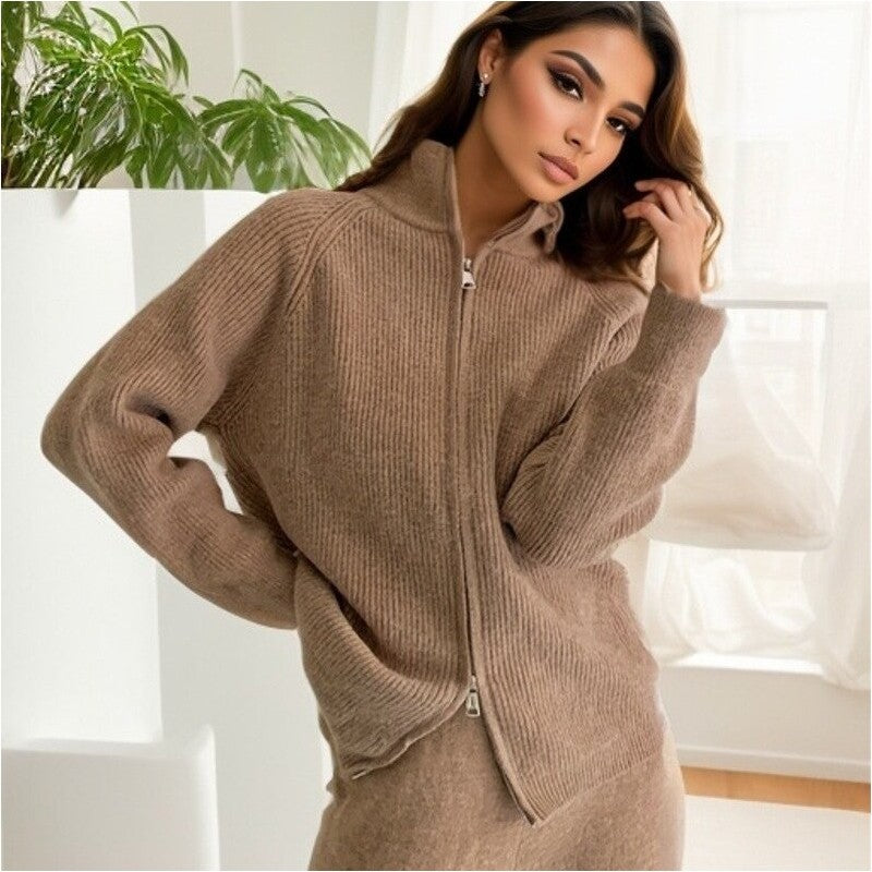 Knit Zip-Up Lapel Sweater and Wide-Leg Pants Set