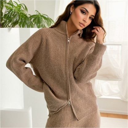 Knit Zip-Up Lapel Sweater and Wide-Leg Pants Set
