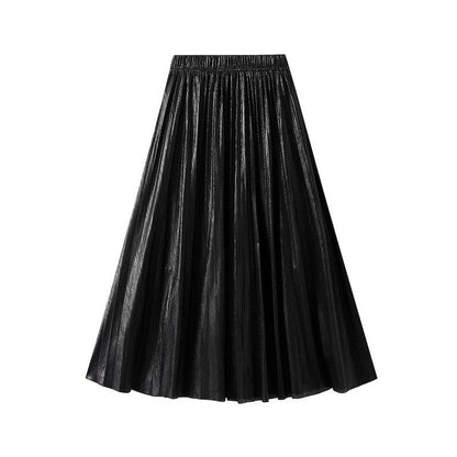 Metallic Pleated A-Line Skirt with Elastic Waist in Solid Color