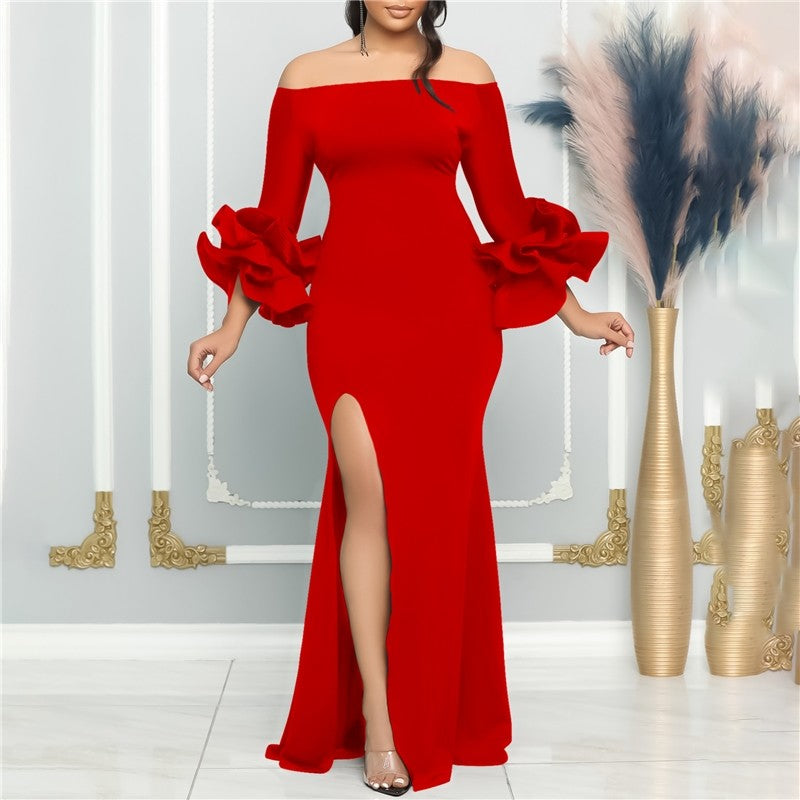 One-Shoulder Solid Color Evening Dress with Slit and Ruffle Sleeve