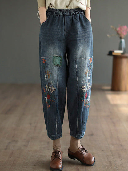 Vintage Loose Embroidered Elasticity Harem Jean Pants Bottoms