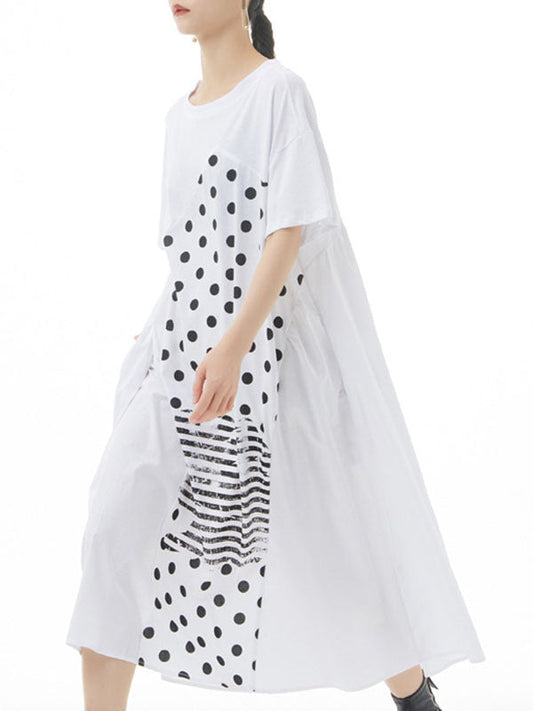 Loose Polka-Dot Split-Joint Striped Round-Neck Midi Dresses