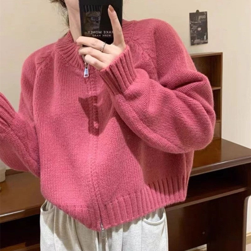 Solid Color Long Sleeve Crewneck Zipper Knitted Cardigan Sweater