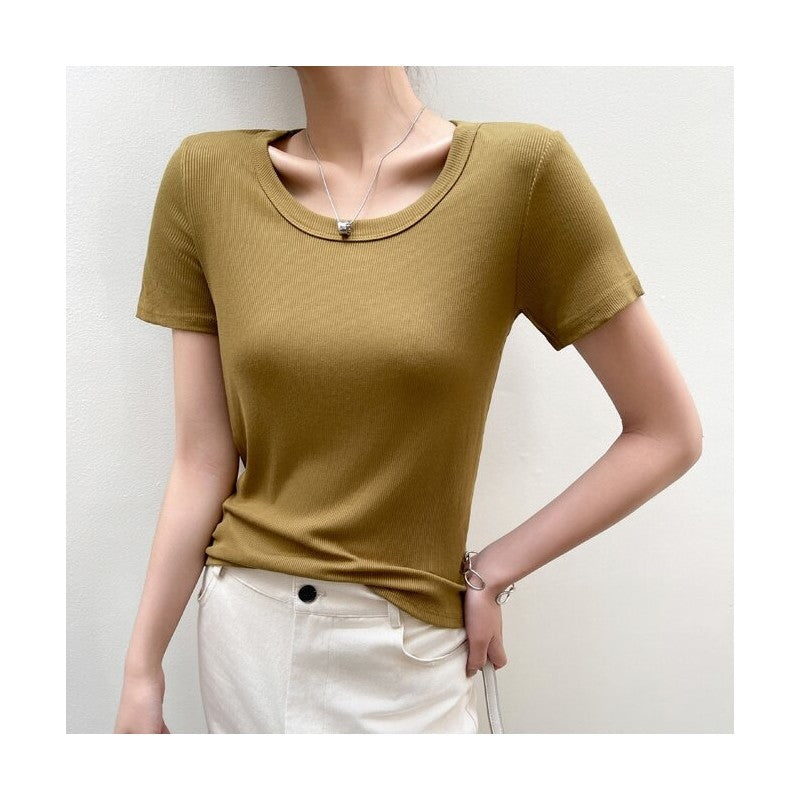 Ribbed Round Neck Short Sleeve T-Shirt