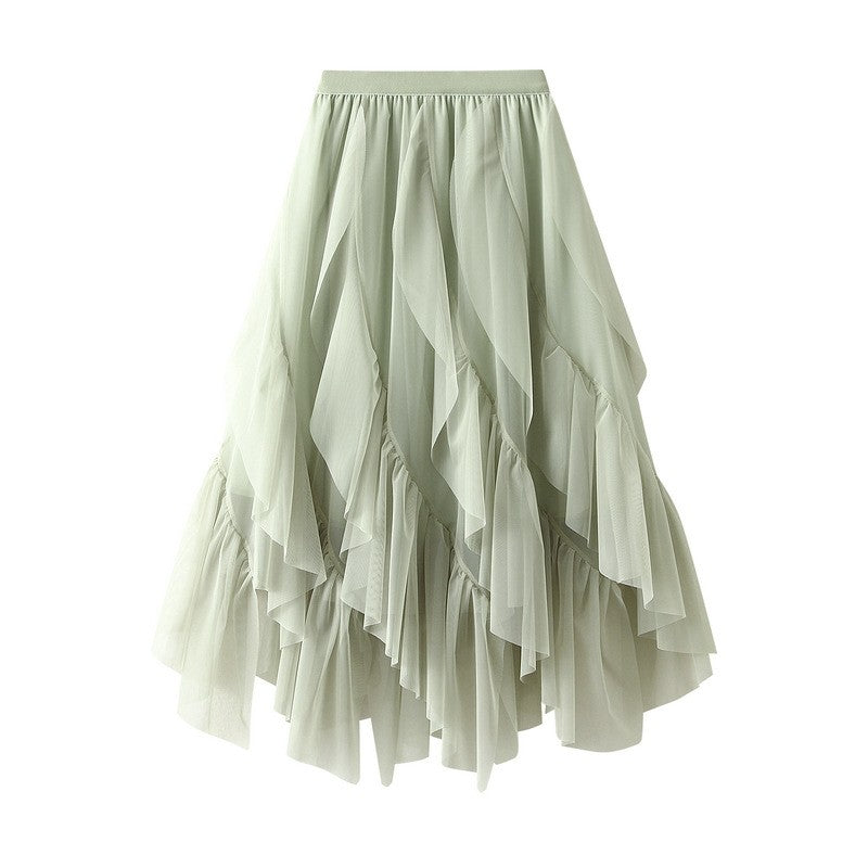 Elastic Waist Mesh Skirt with Irregular Ruffled Hem - Solid Color