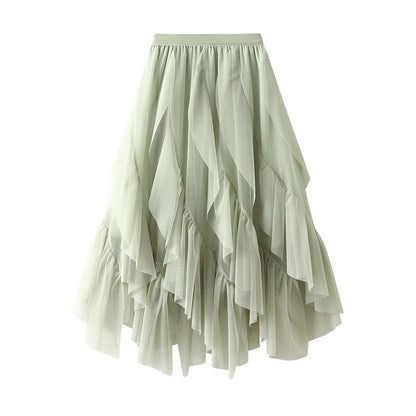 Elastic Waist Mesh Skirt with Irregular Ruffled Hem - Solid Color