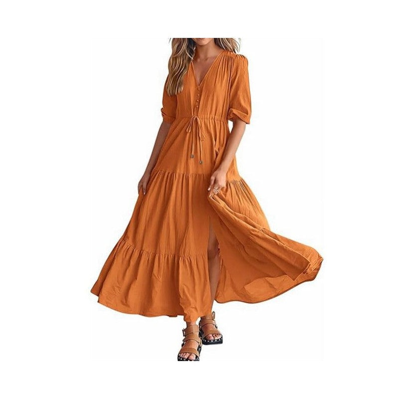 Vibrant V-Neck Drawstring Dress with Split Short Sleeves