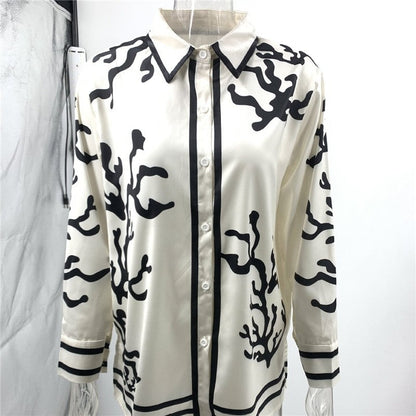 Relaxed Satin Top with Printed and Color-Blocked Design