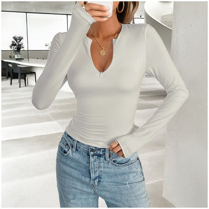 Casual V-Neck Slim Fit Long Sleeve Top - Solid Color