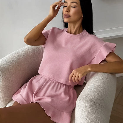 Solid Color Knit Short Sleeve Shorts Pajama Set