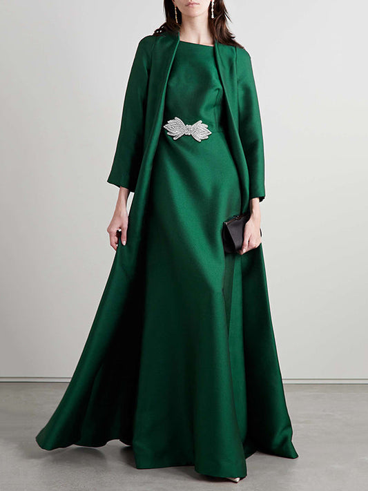Loose Fit Long Sleeve Embroidered Evening Dress in Solid Color