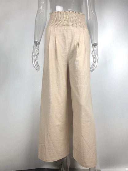 Simple Casual Solid Color Ramie Cotton Wide Legs Pants