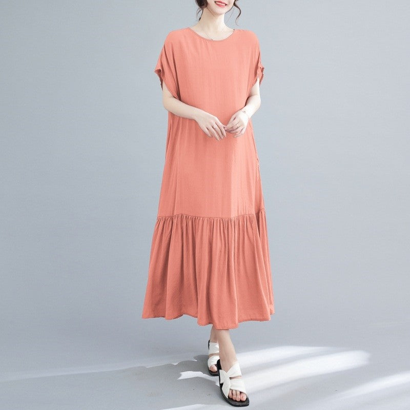 Loose Fit Solid Color Crewneck Short Sleeve Casual Maxi Dress