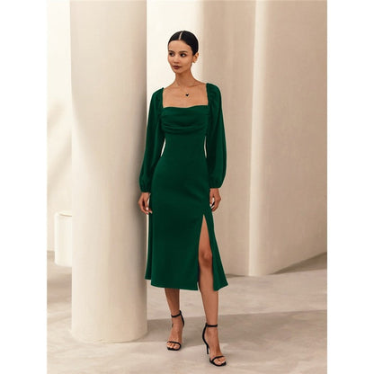 Solid Color Long Sleeve Square Neck High Waisted Side Slit Back Bandage Dress

Enhanced Version: "Square Neck Long