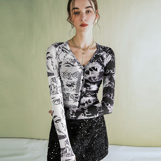 Chic Mesh Printed Top with Bold Contrast Design