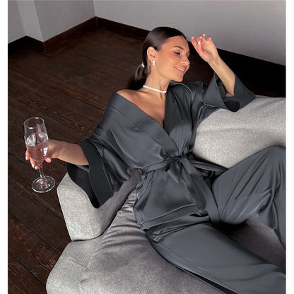 Solid Color Satin Lace-Up Robe and Pants Set