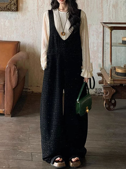 Loose Sleeveless Pockets Solid Color Collarless Overalls