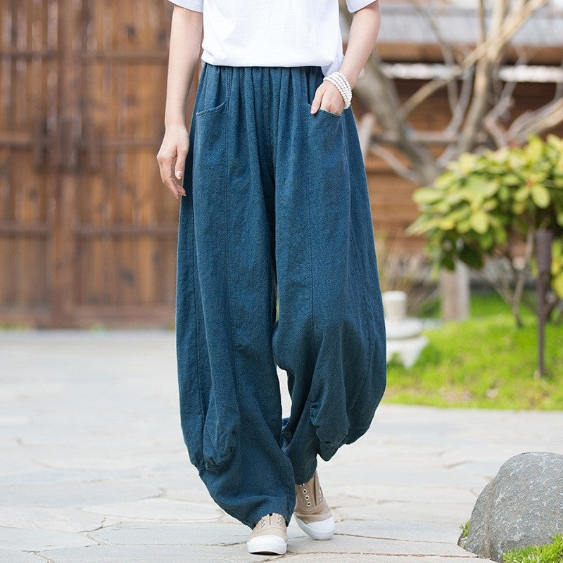 Ramie Cotton Sand Wash Soft & Versatile Wide Leg Pants For Home, Travel & Leisure