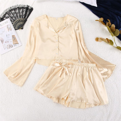 Solid Color Imitation Silk Long Sleeve Crop Top and Shorts Set - Sleepwear