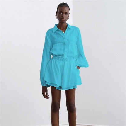 Solid Color Long Sleeve Lapel Single Breasted Blouse and Shorts Set