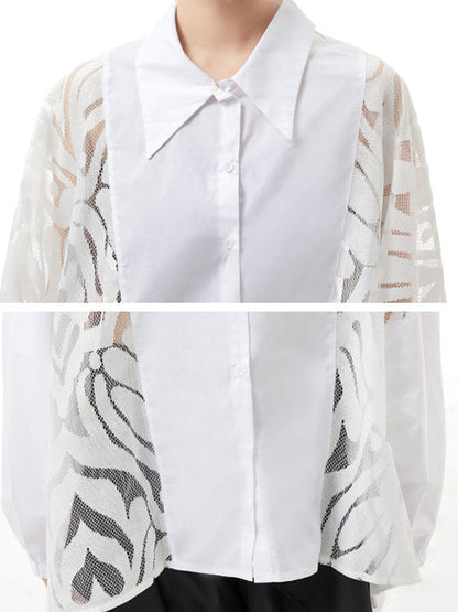 Urban See-Through Lace Split-Joint Lapel Blouse