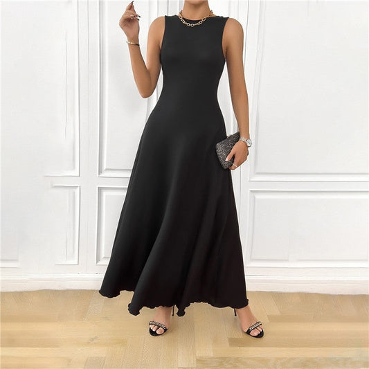 Solid Color Crewneck Sleeveless Backless Bandage Maxi Dress