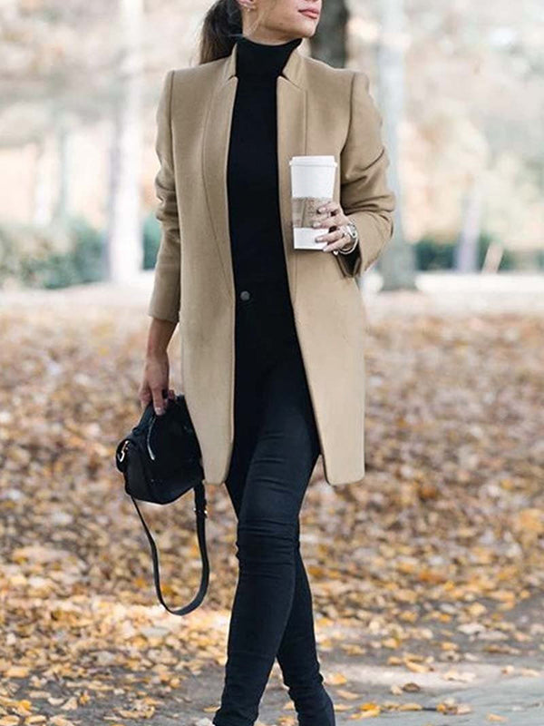 Solid Color Stand Collar Outerwear with Split Joint and Long Sleeves