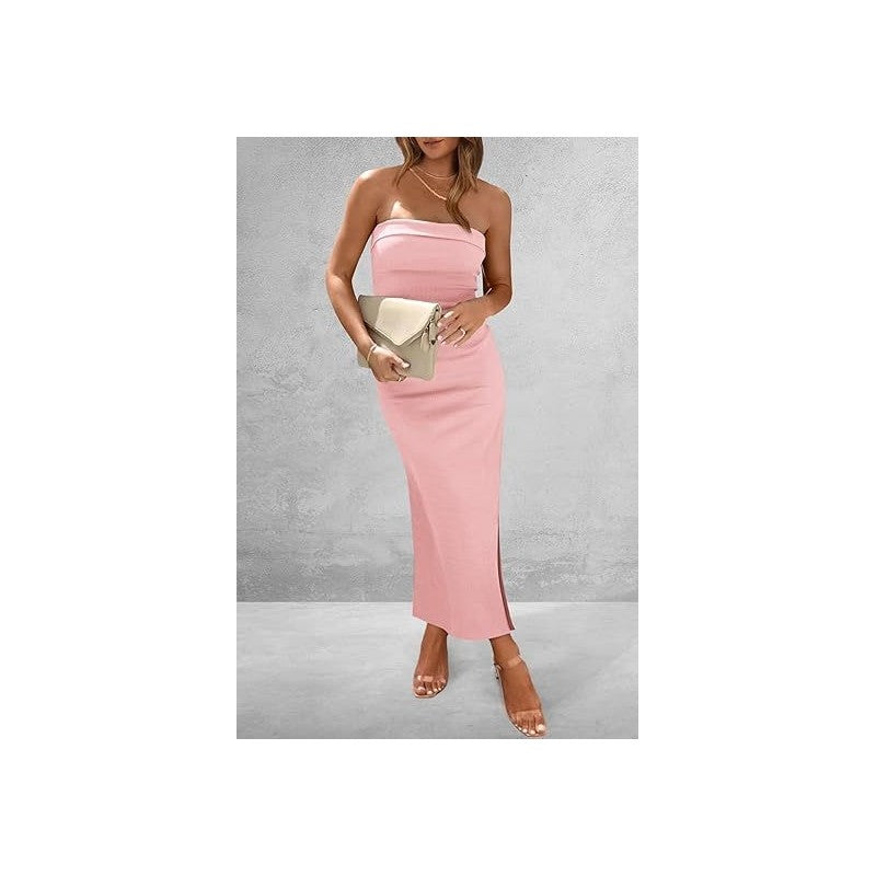 Solid Color Strapless Tube Side Slit Skinny Long Evening Dress