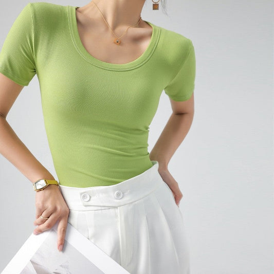 Ribbed Round Neck Short Sleeve T-Shirt