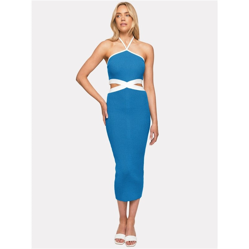 Contrast Color Sleeveless Halterneck Backless Hollow Bodycon Maxi Dress
