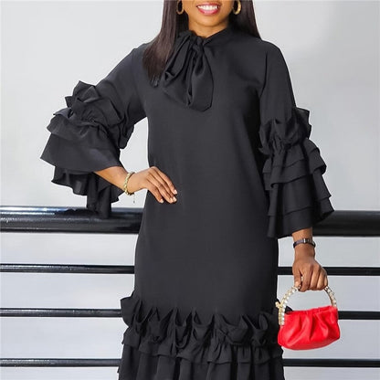 Stylish Ruffle Hem Trumpet Sleeve Dress