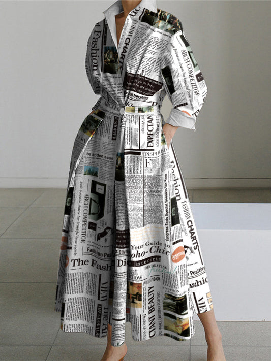 Loose Fit Long Sleeve Midi Dress with Letter Print and Lapel Collar