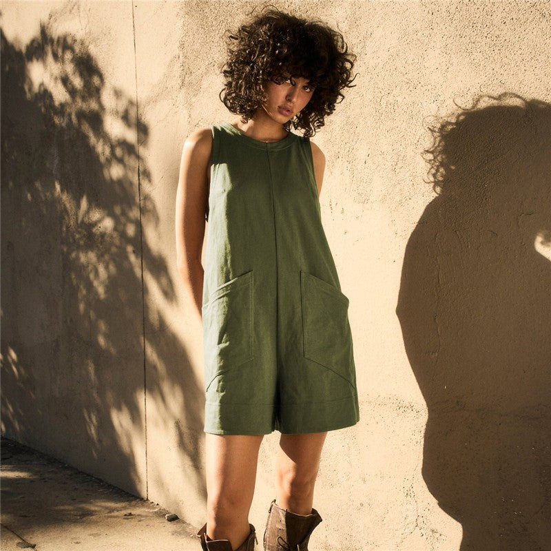 Sleeveless Solid Color Crewneck Loose Fit Casual Romper