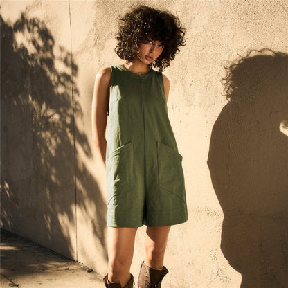 Sleeveless Solid Color Crewneck Loose Fit Casual Romper