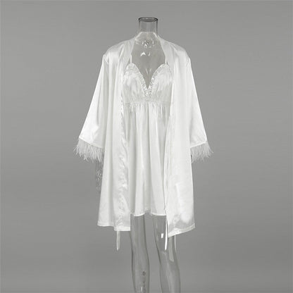 Feather Patchwork Satin Slip Dress with Long Sleeves