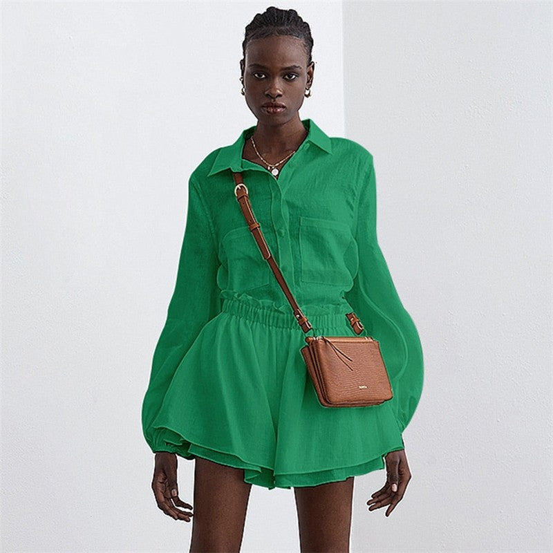 Solid Color Long Sleeve Lapel Single Breasted Blouse and Shorts Set