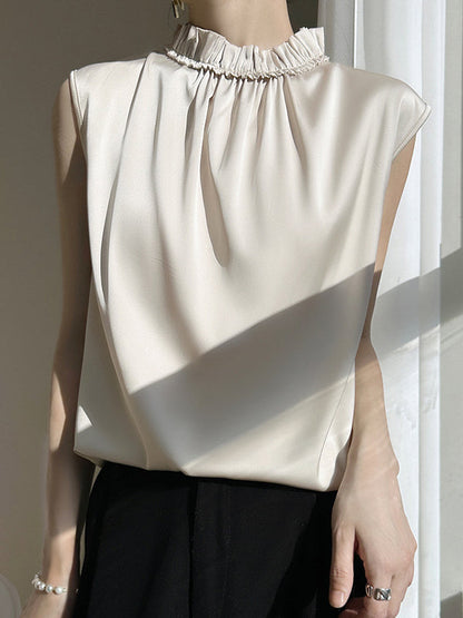 Loose Sleeveless Pleated Ruffle Trim Solid Color Stand Collar Vest Top