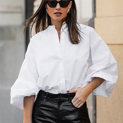 Stylish Commute Shirt with Minimalist Design, Stand Collar, Lantern Sleeves, and Pure Cotton Fabric