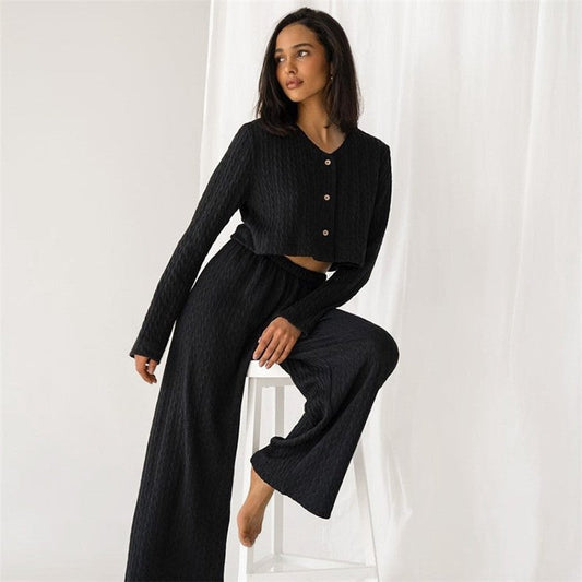 Solid Color Knitted V-Neck Cardigan and Pants Lounge Suit